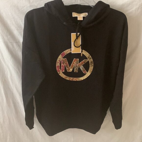 MICHAEL KORS Signature Sequin Logo Fleece Hoodie in Black Sz MEDIUM - Picture 1 of 3